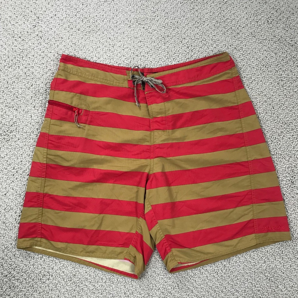 Patagonia Mens 34 Board Shorts Striped Red Tan Nylon Swim Trunks Surf 86769SP13